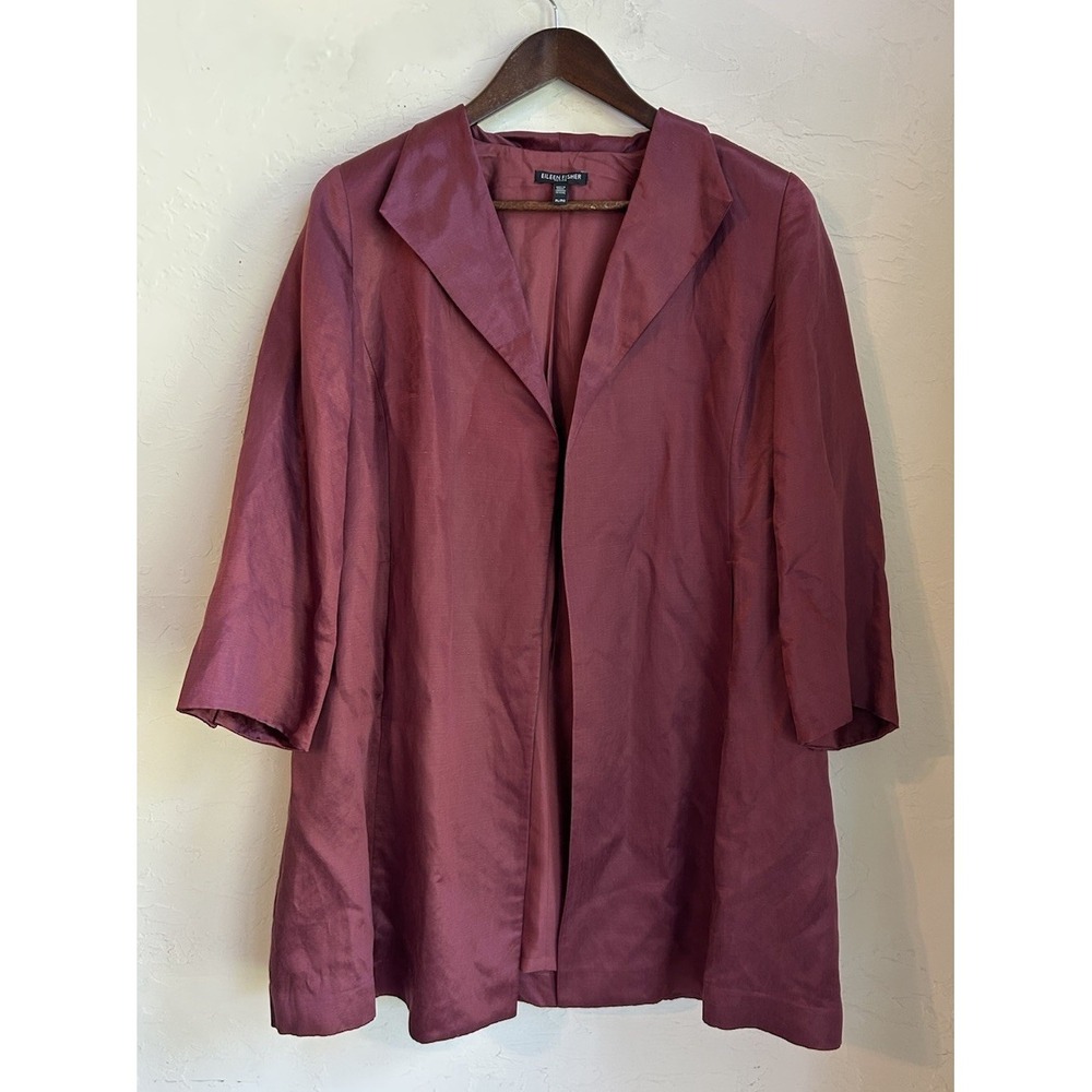 Eileen Fisher Organic Linen Silk Open Jacket P L Burgundy Minimalist Luxury